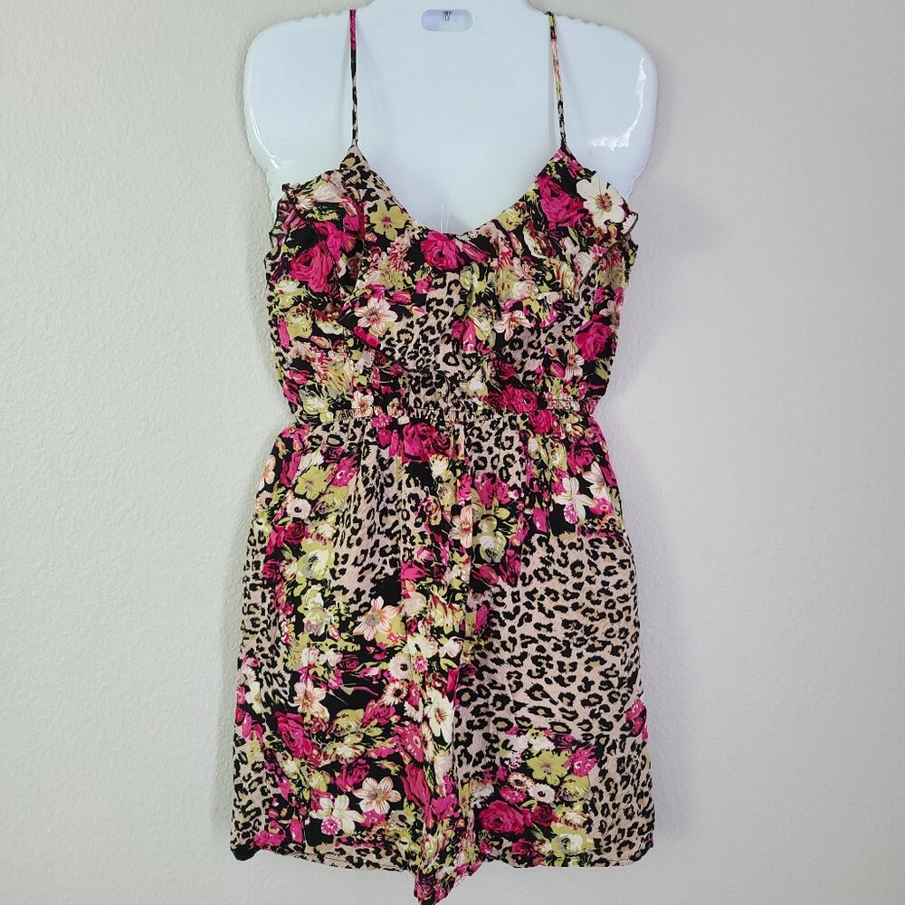 Bongo Womens Black and Pink Floral & Leopard Print Dress Size Medium